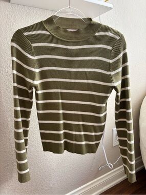 Pink Lily Olive Green & White Striped Ribbed Top